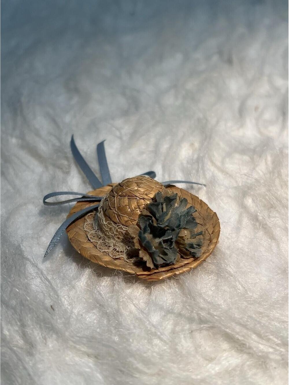 Antique Doll House Miniature Straw Hat 2" With Blue Flowers & Ribbon